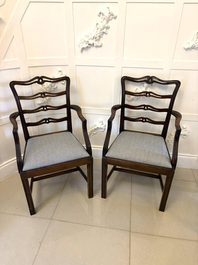 Antique Set of 12 Mahogany Chippendale Style Ladder Back Dining Chairs – 10 Singles & 2 Carvers - Image 2